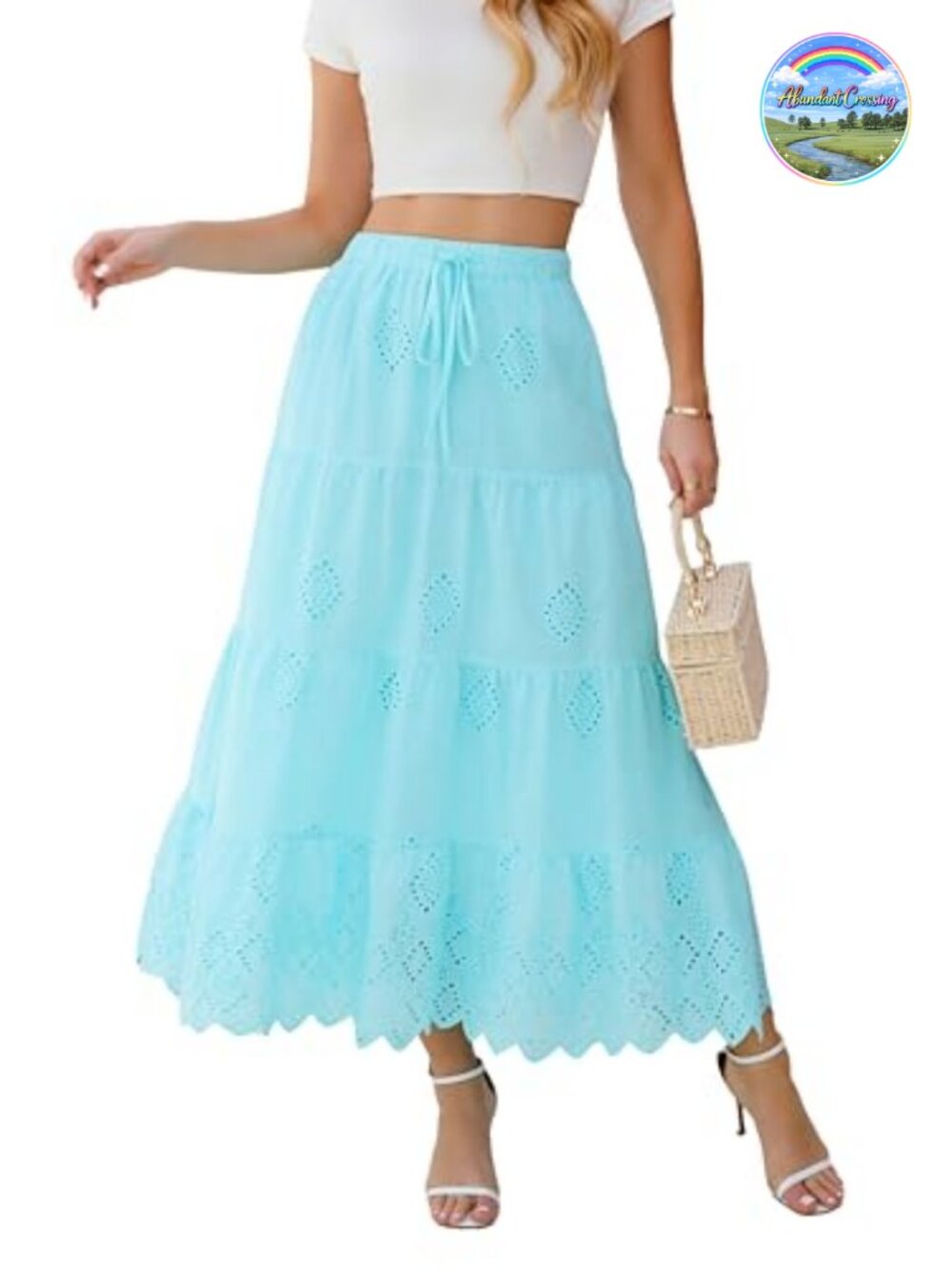 Women's Boho Cotton Embroidered Tiered Maxi Skirt, High Waist A-Line